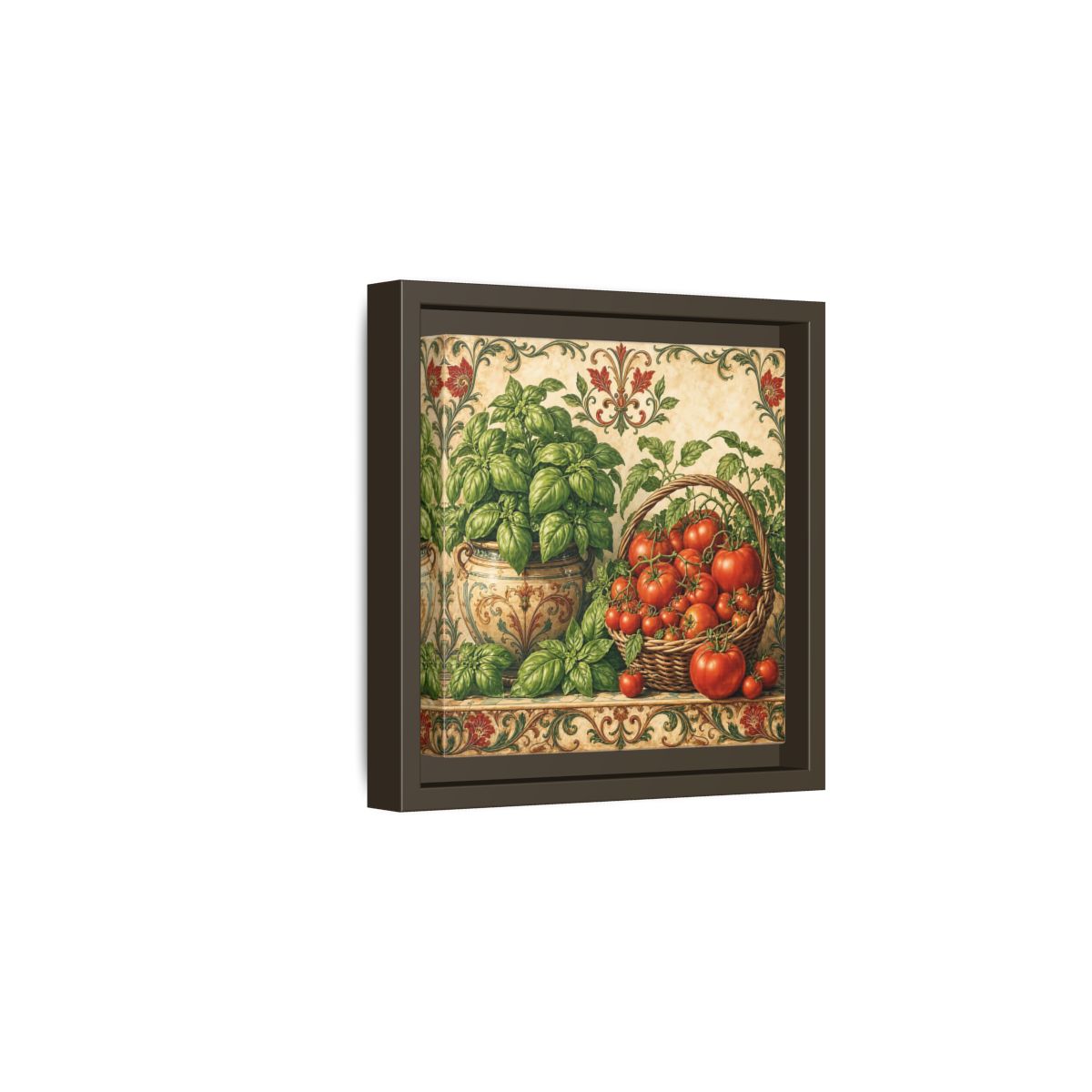 Side Mockup 2. Nature Basil, Tomatoes Tomato And Basil shown as stretched canvas wall art