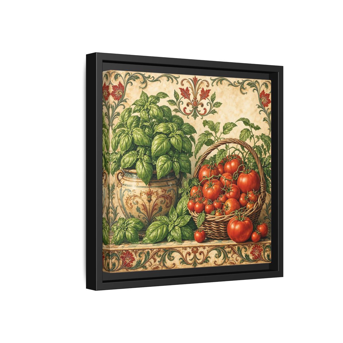 Side Mockup 18. Nature Basil, Tomatoes Tomato And Basil shown as stretched canvas wall art