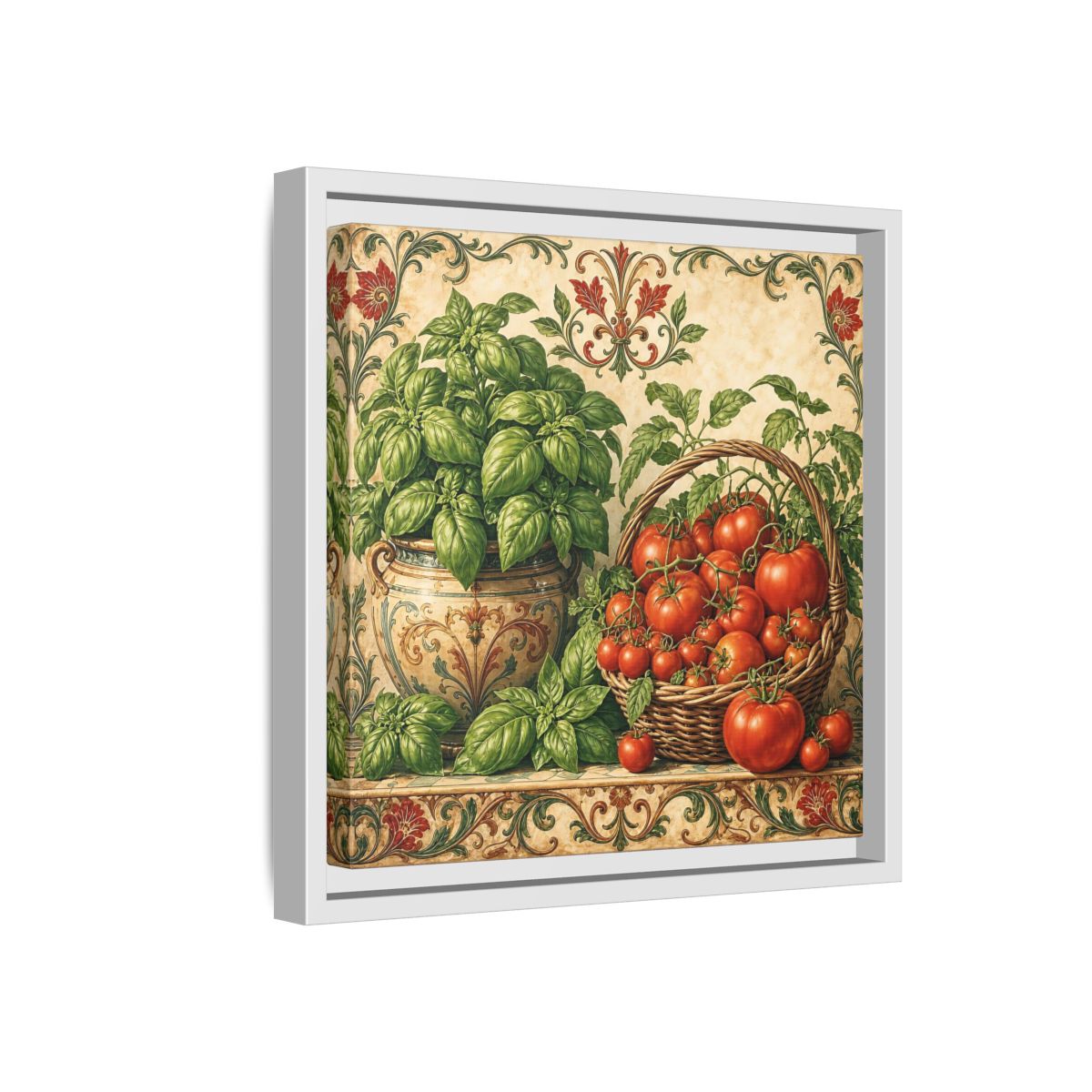 Side Mockup 16. Nature Basil, Tomatoes Tomato And Basil shown as stretched canvas wall art