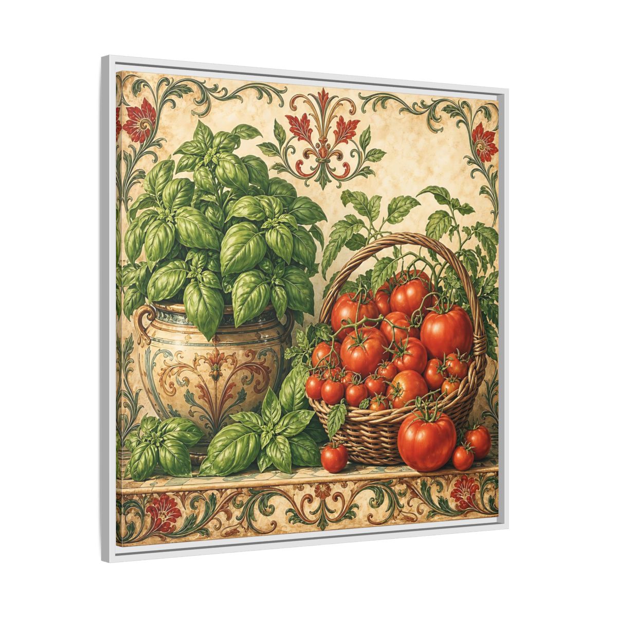 Side Mockup 25. Nature Basil, Tomatoes Tomato And Basil shown as stretched canvas wall art
