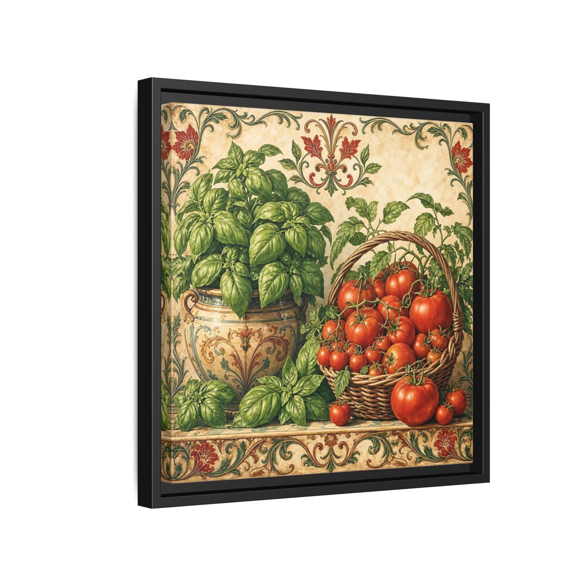 Side Mockup 15. Nature Basil, Tomatoes Tomato And Basil shown as stretched canvas wall art