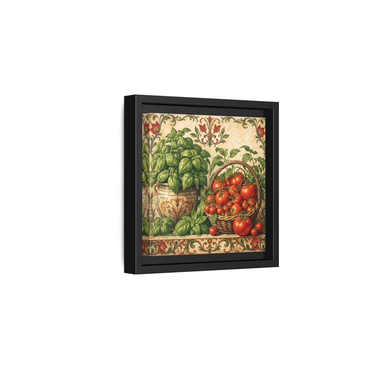 Side Mockup 3. Nature Basil, Tomatoes Tomato And Basil shown as stretched canvas wall art