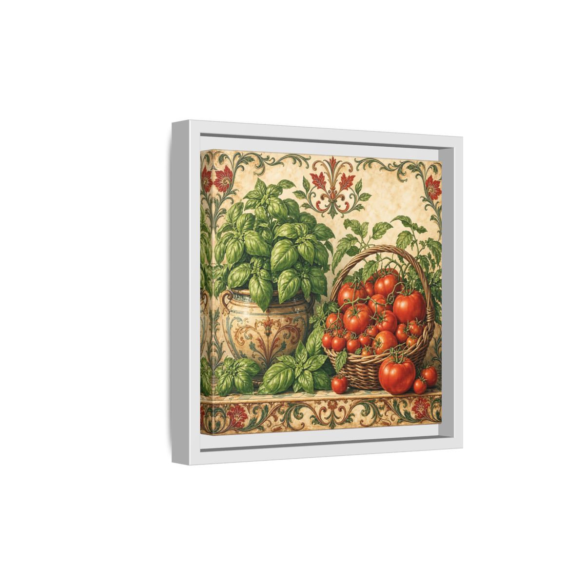 Side Mockup 19. Nature Basil, Tomatoes Tomato And Basil shown as stretched canvas wall art