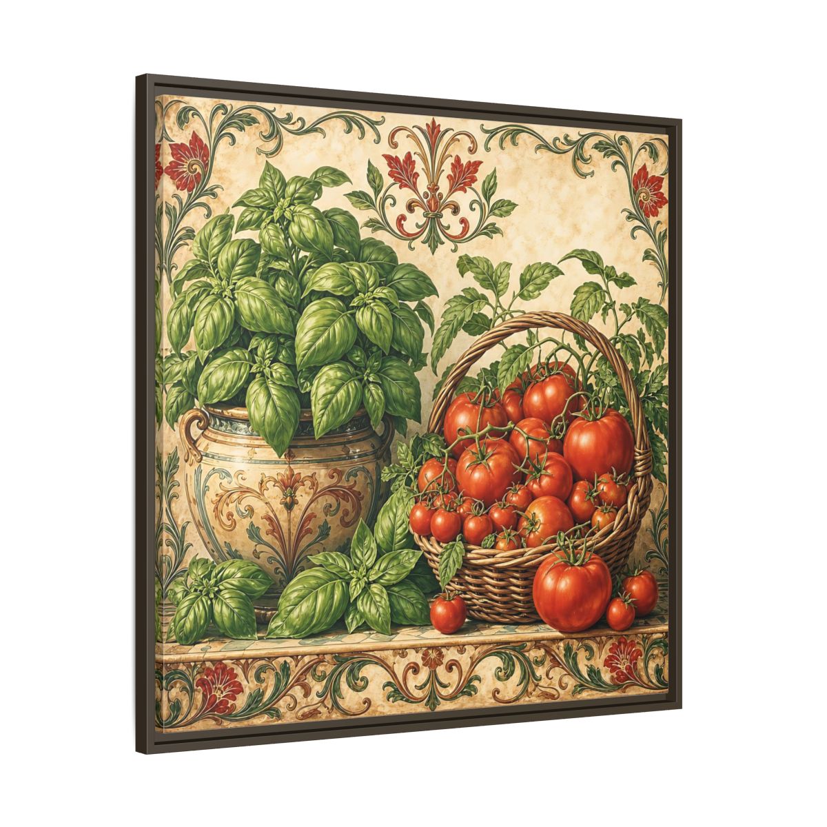 Main Mockup. Nature Basil, Tomatoes Tomato And Basil shown as stretched canvas wall art