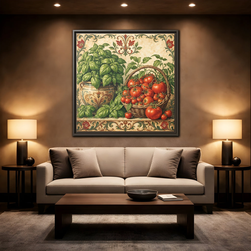 Mockup 2. Nature Basil, Tomatoes Tomato And Basil shown as stretched canvas wall art