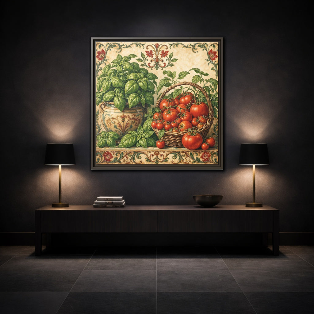 Mockup 3. Nature Basil, Tomatoes Tomato And Basil shown as stretched canvas wall art