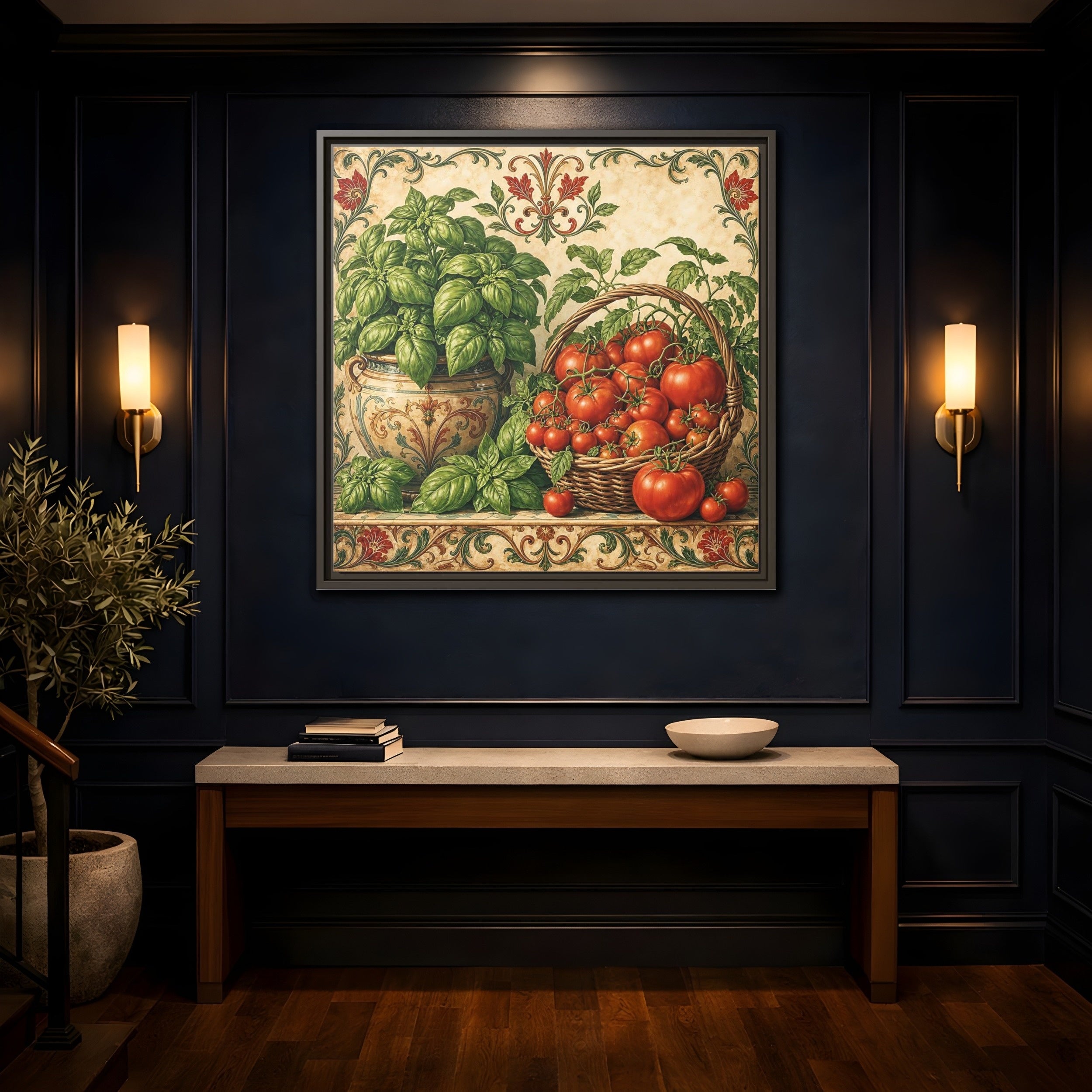 Mockup 4. Nature Basil, Tomatoes Tomato And Basil shown as stretched canvas wall art