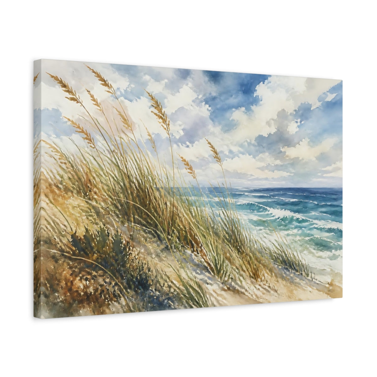 Side Mockup 3. Nature Beach Dunes Blue And Brown shown as stretched canvas wall art