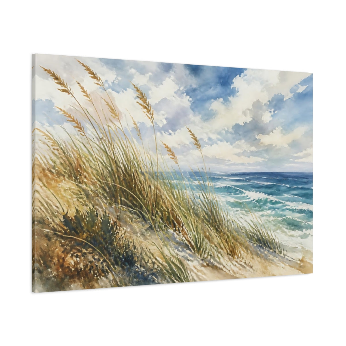 Side Mockup 1. Nature Beach Dunes Blue And Brown shown as stretched canvas wall art