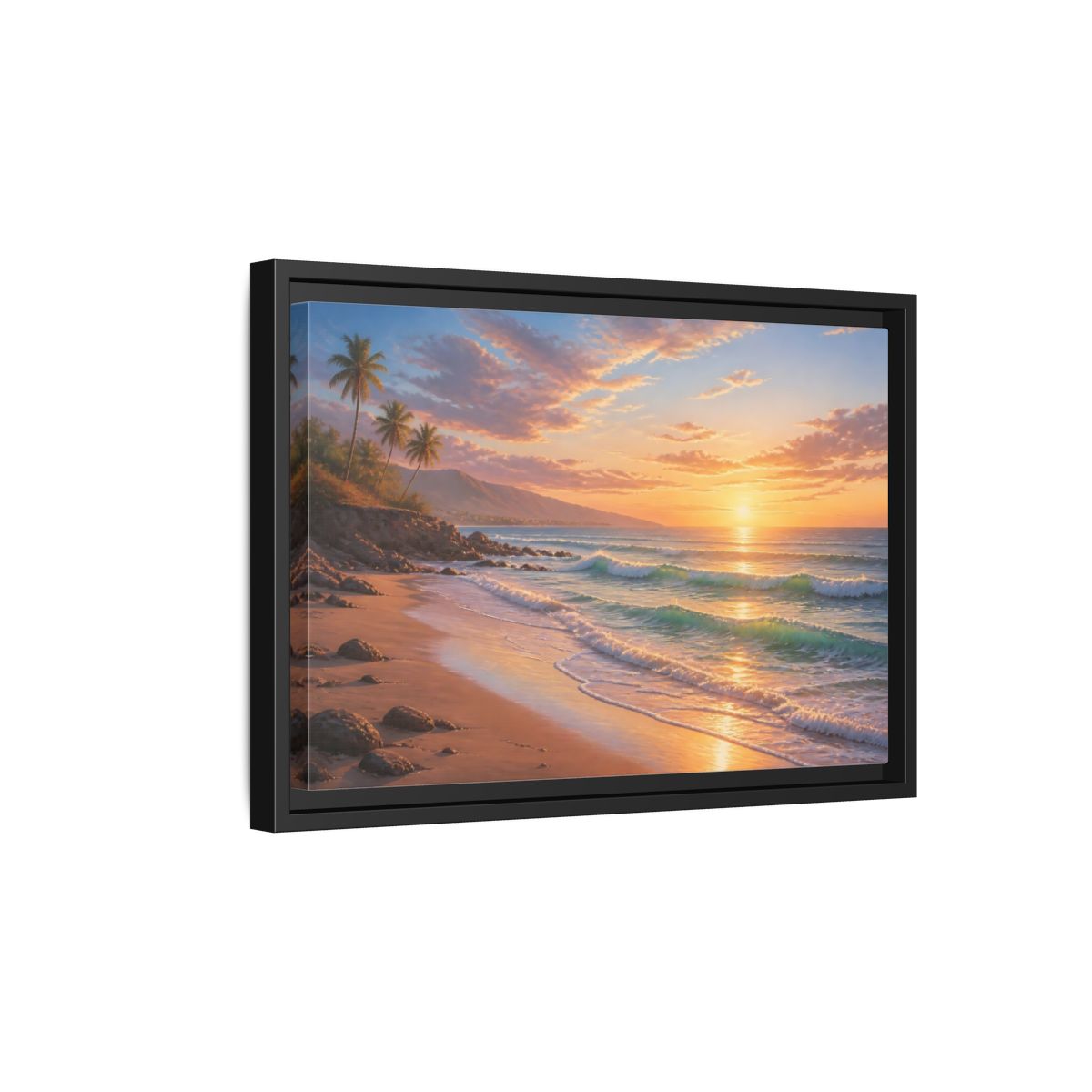 Side Mockup 6. Nature Beach Sunset Tropical Sunset shown as stretched canvas wall art