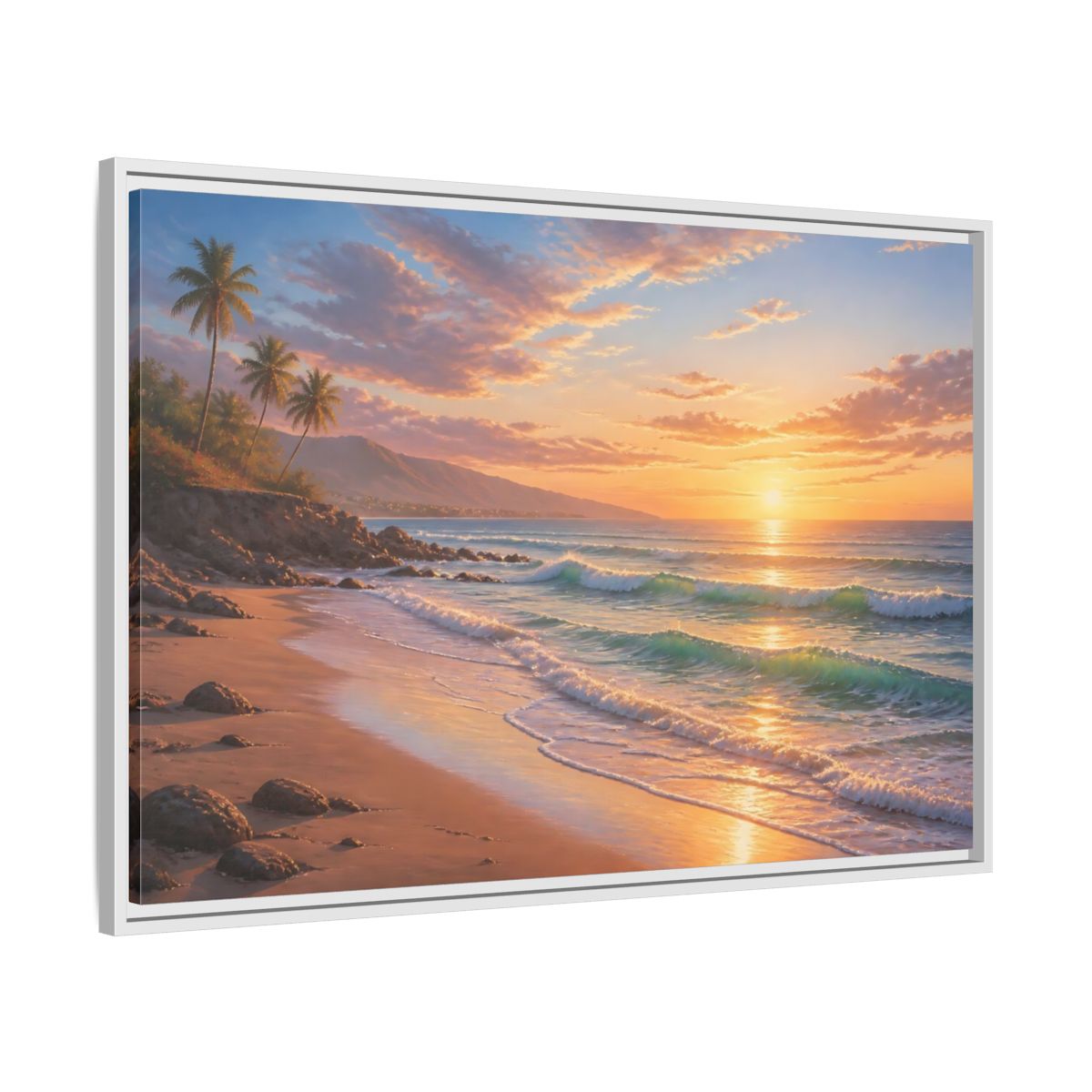 Side Mockup 9. Nature Beach Sunset Tropical Sunset shown as stretched canvas wall art