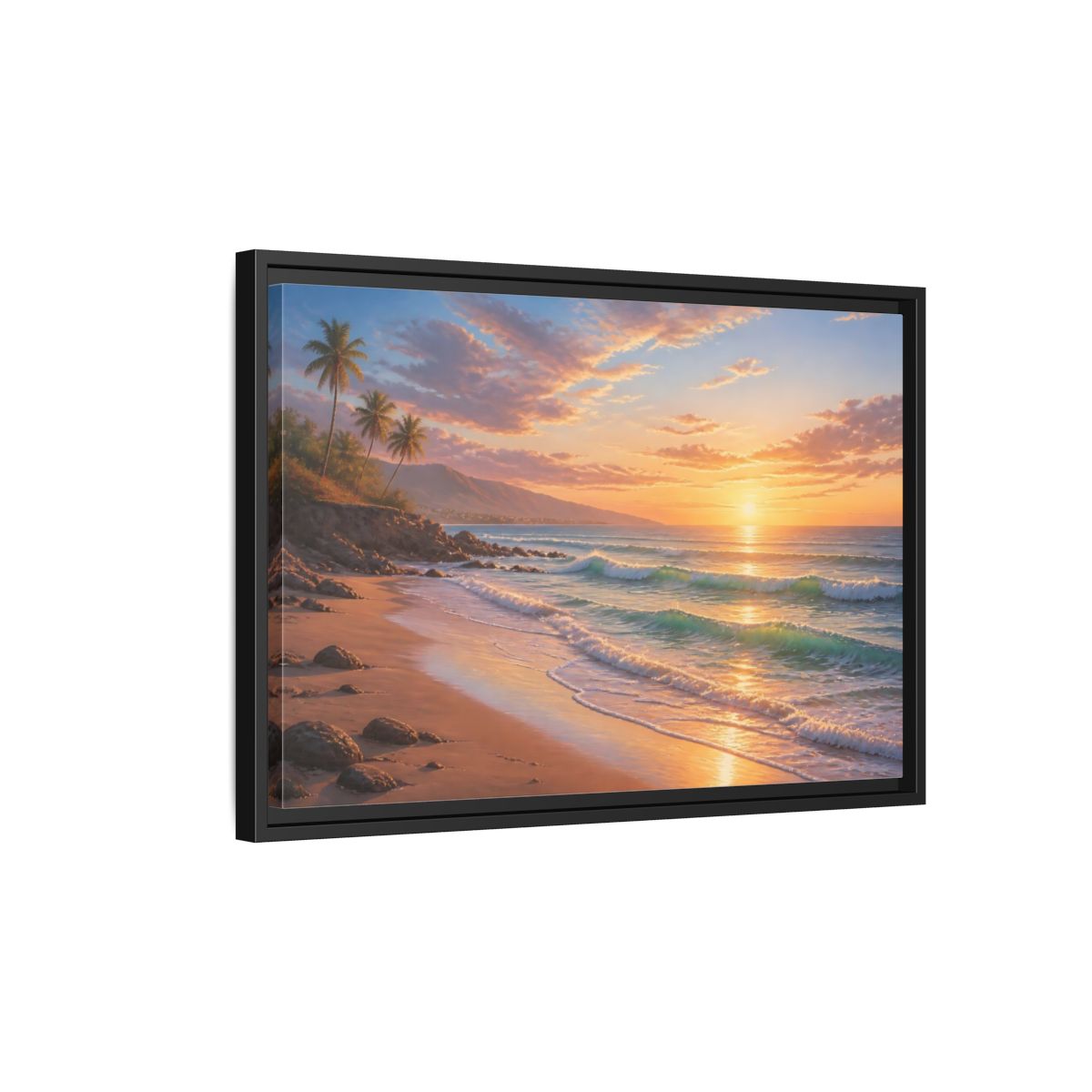 Side Mockup 3. Nature Beach Sunset Tropical Sunset shown as stretched canvas wall art