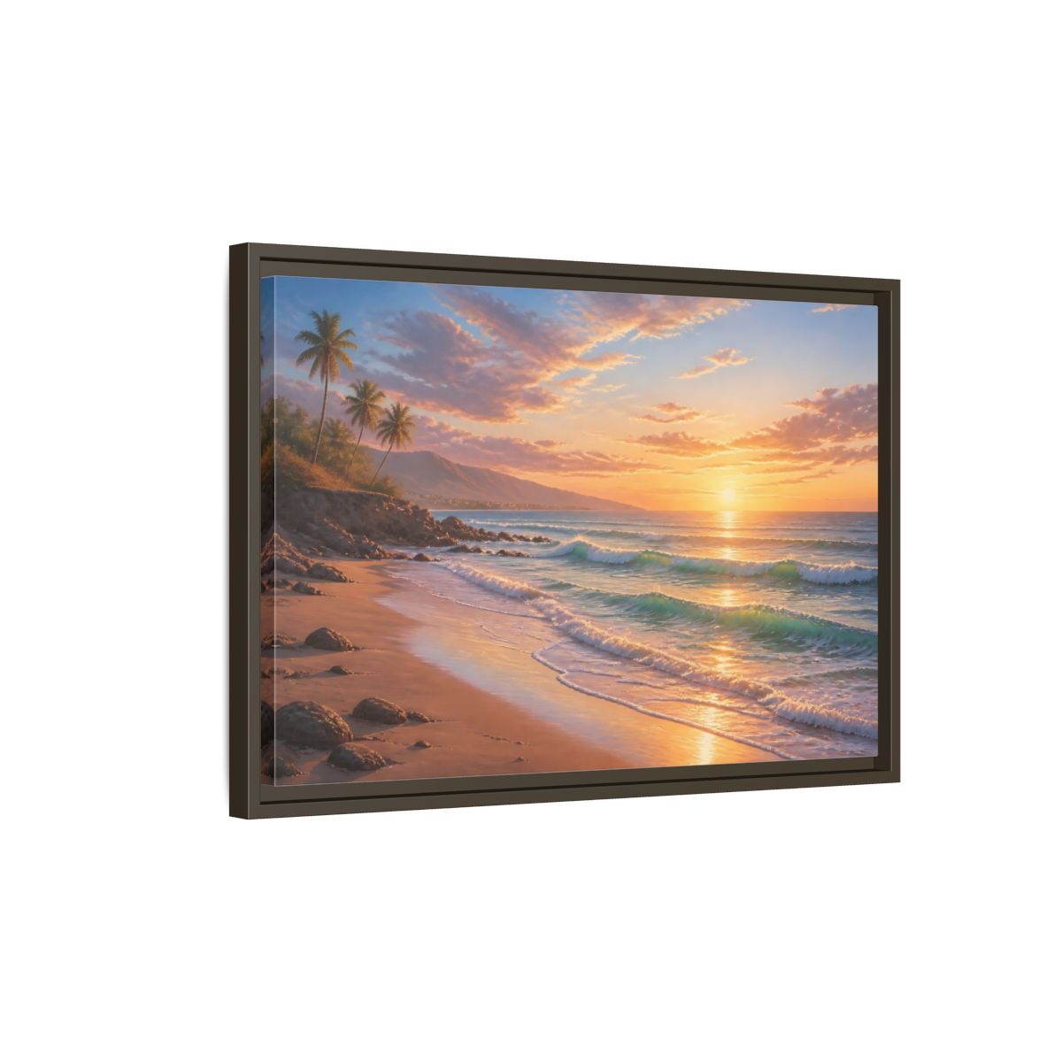 Side Mockup 2. Nature Beach Sunset Tropical Sunset shown as stretched canvas wall art
