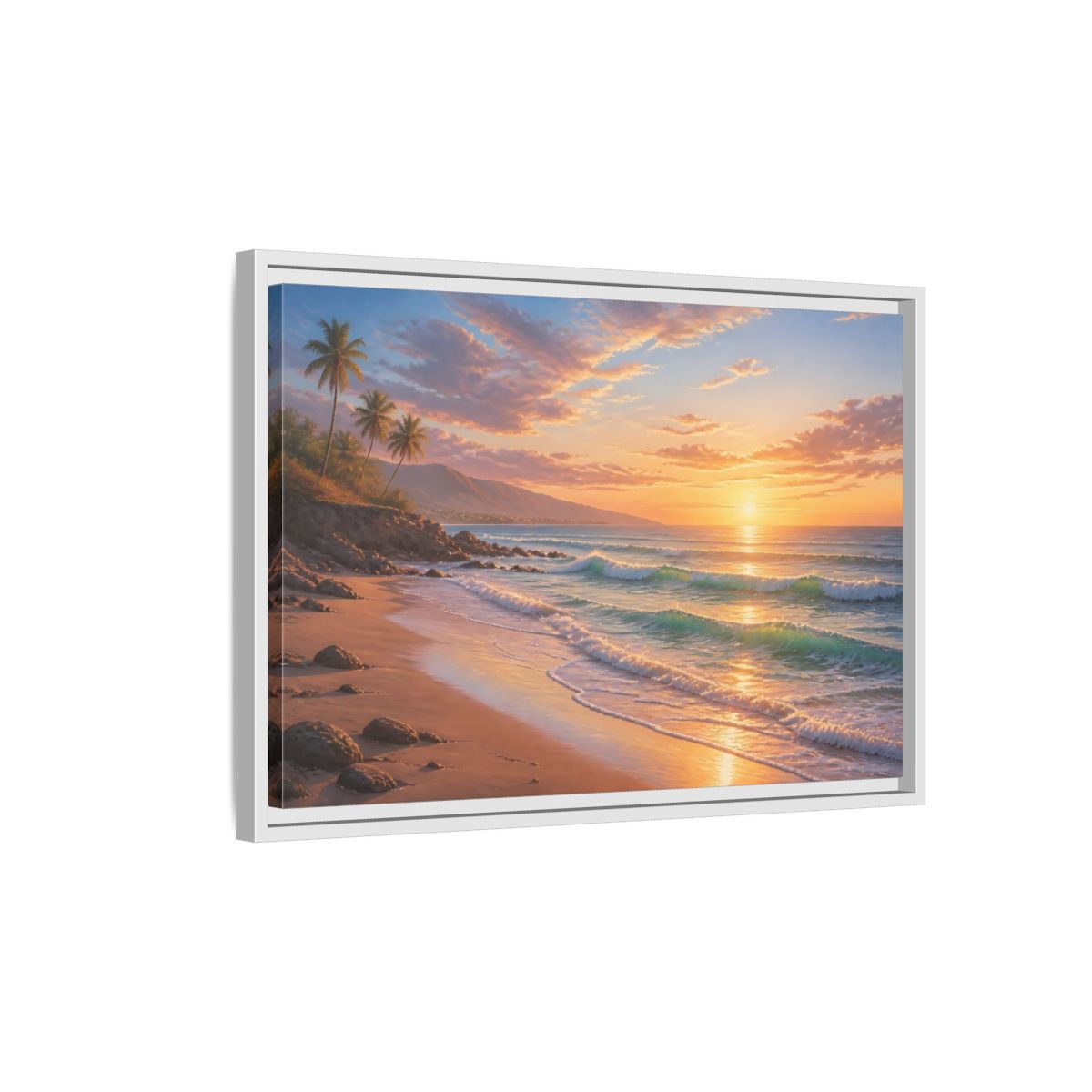 Side Mockup 1. Nature Beach Sunset Tropical Sunset shown as stretched canvas wall art