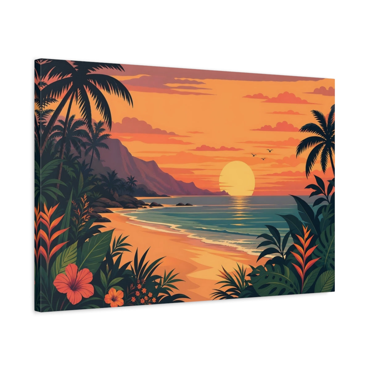 Side Mockup 2. Nature Beach Sunset Tropical Sunset Orange shown as stretched canvas wall art