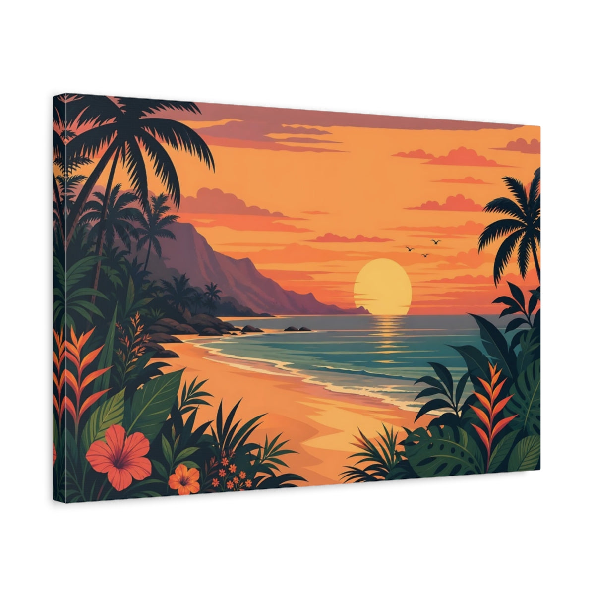 Side Mockup 3. Nature Beach Sunset Tropical Sunset Orange shown as stretched canvas wall art