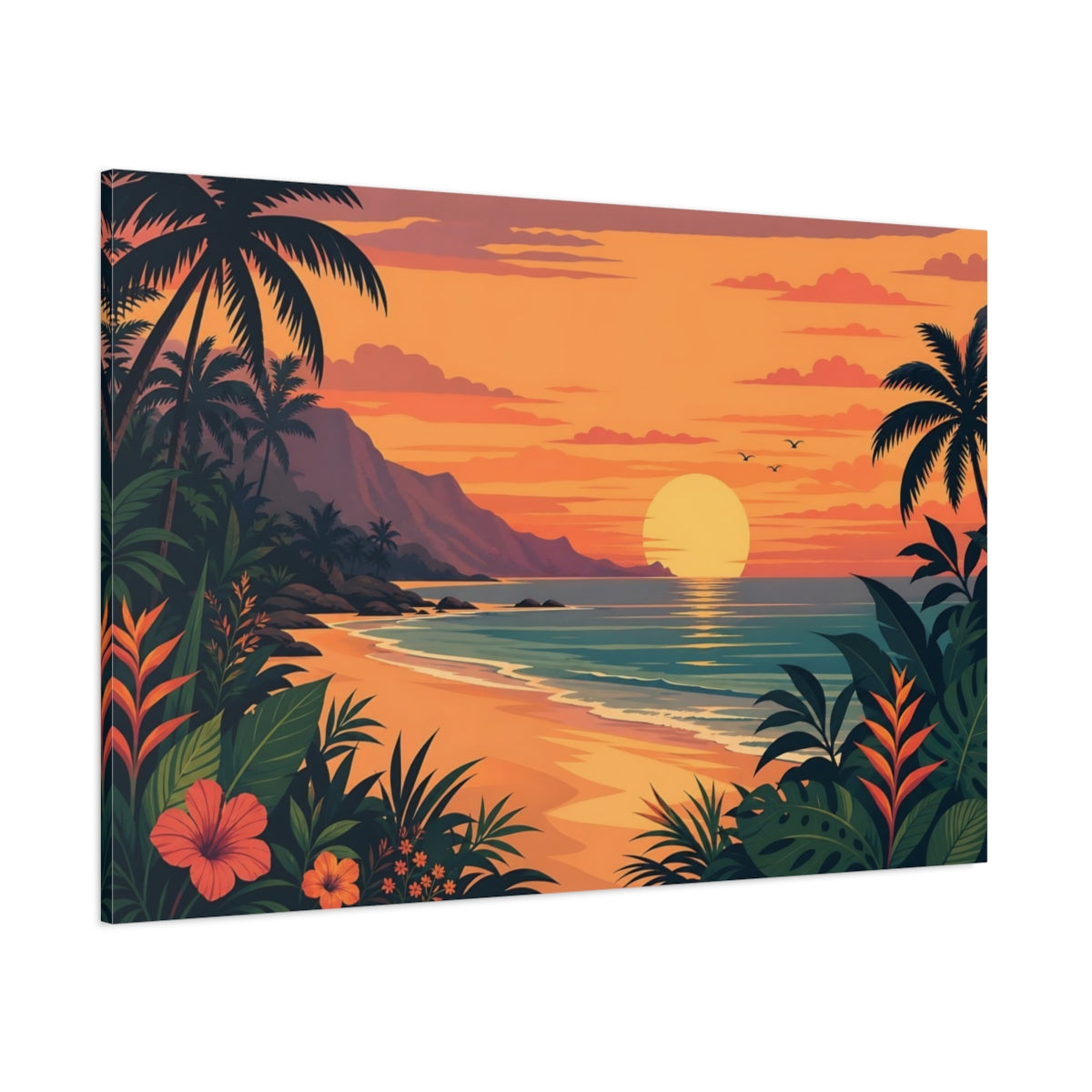 Side Mockup 1. Nature Beach Sunset Tropical Sunset Orange shown as stretched canvas wall art