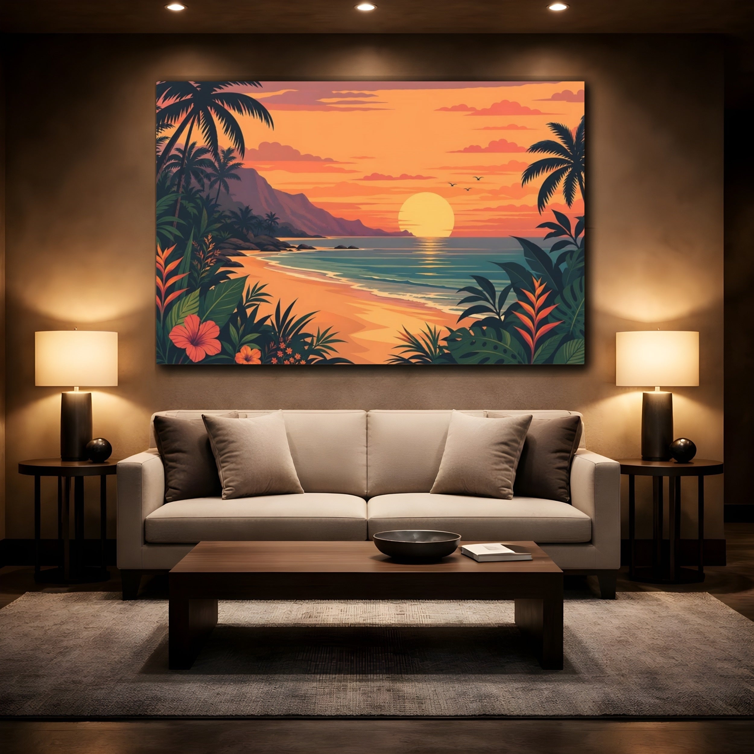 Mockup 2. Nature Beach Sunset Tropical Sunset Orange shown as stretched canvas wall art