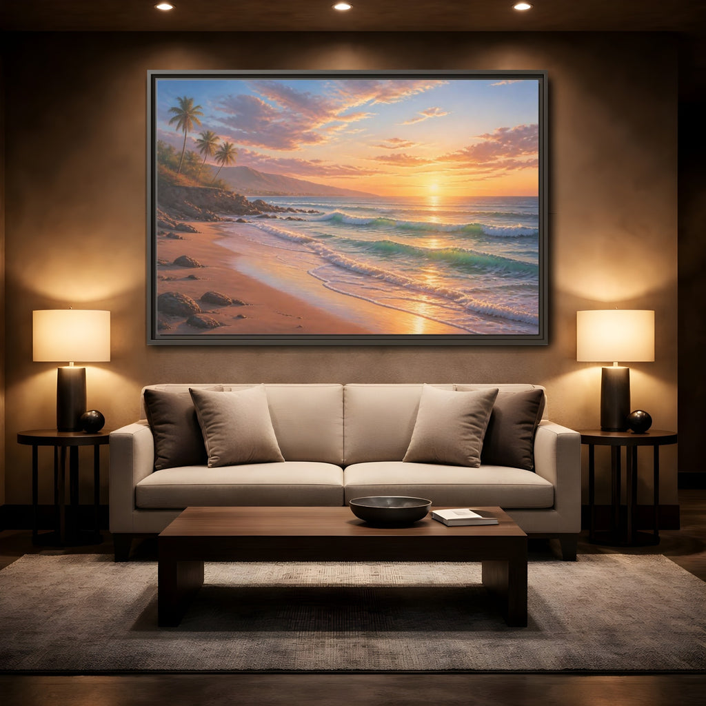 Mockup 2. Nature Beach Sunset Tropical Sunset shown as stretched canvas wall art