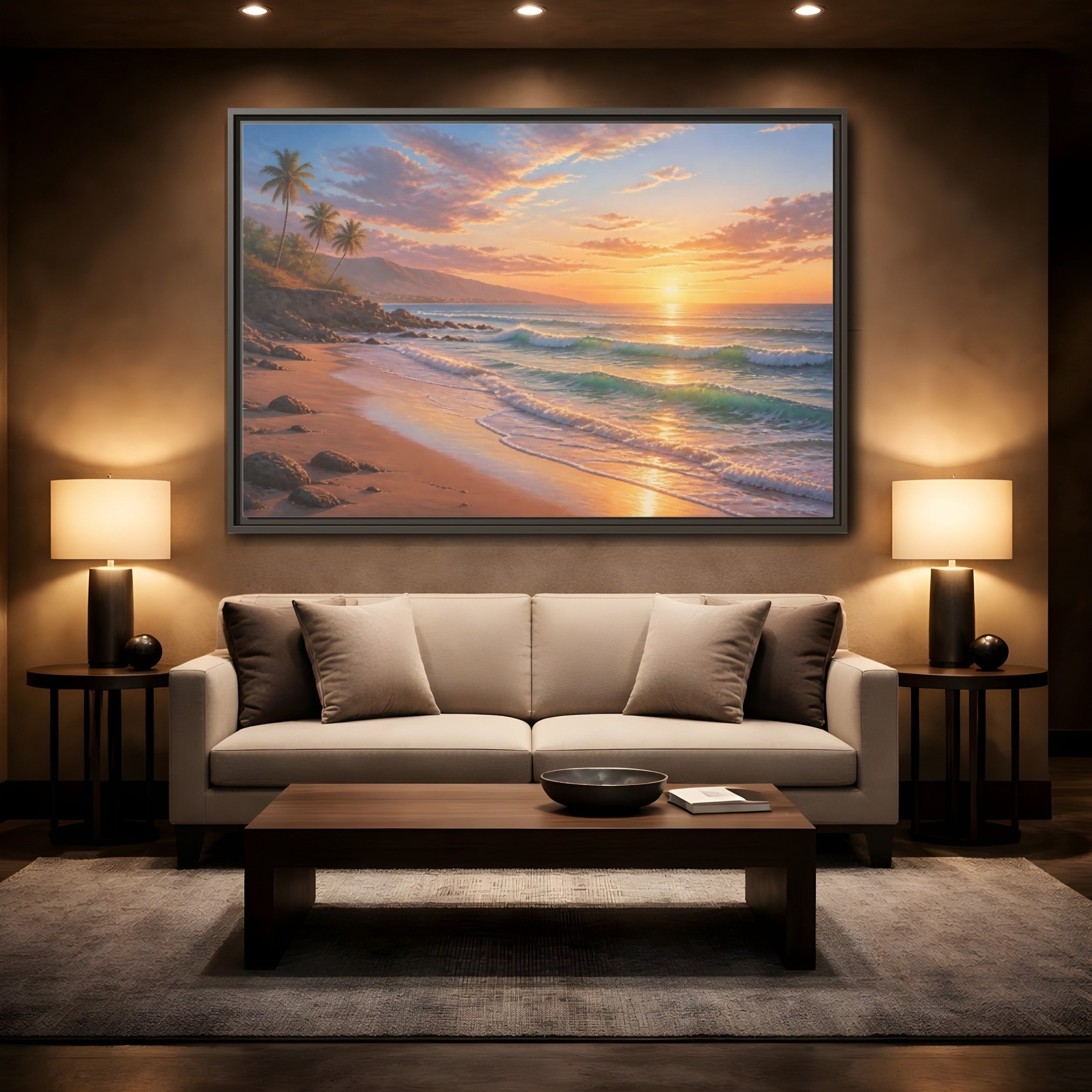 Mockup 2. Nature Beach Sunset Tropical Sunset shown as stretched canvas wall art