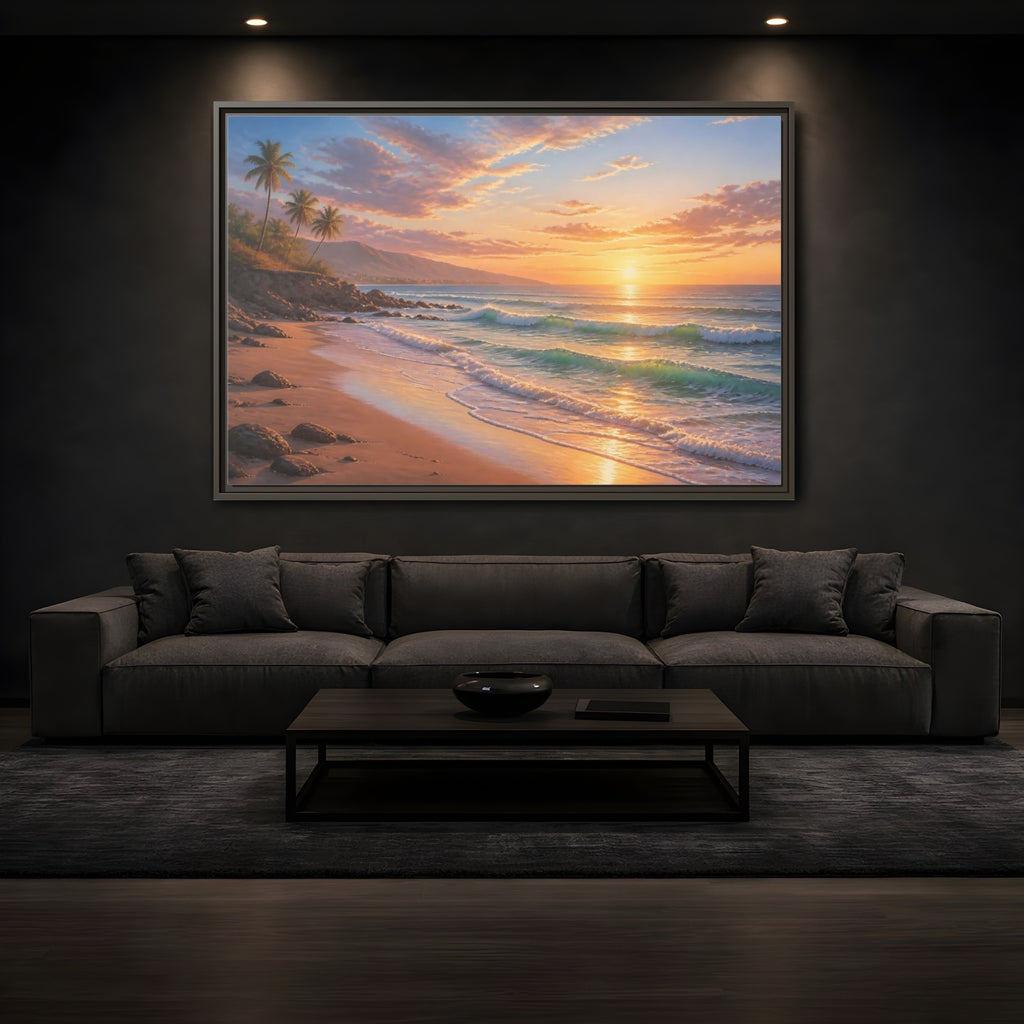 Mockup 3. Nature Beach Sunset Tropical Sunset shown as stretched canvas wall art