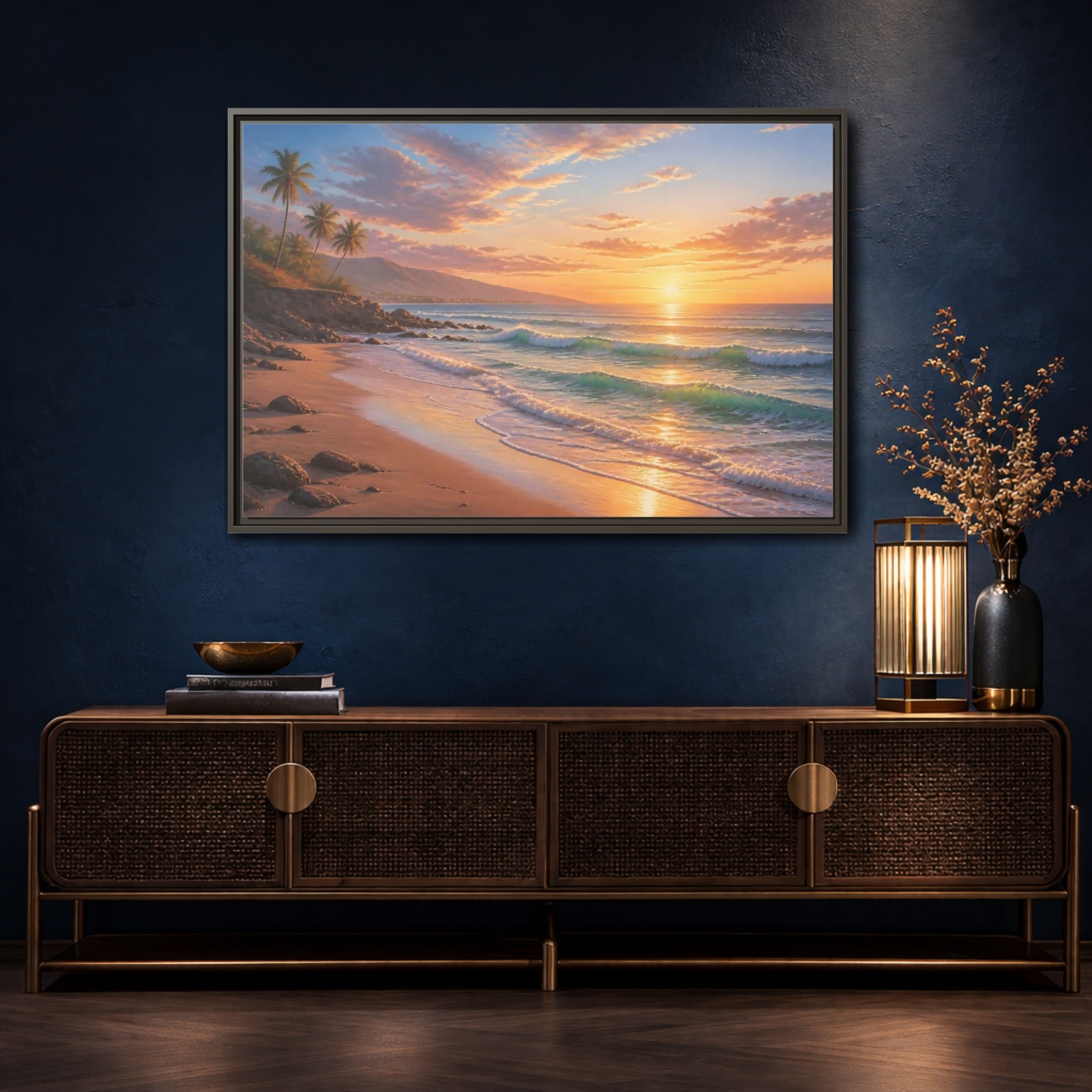 Mockup 4. Nature Beach Sunset Tropical Sunset shown as stretched canvas wall art