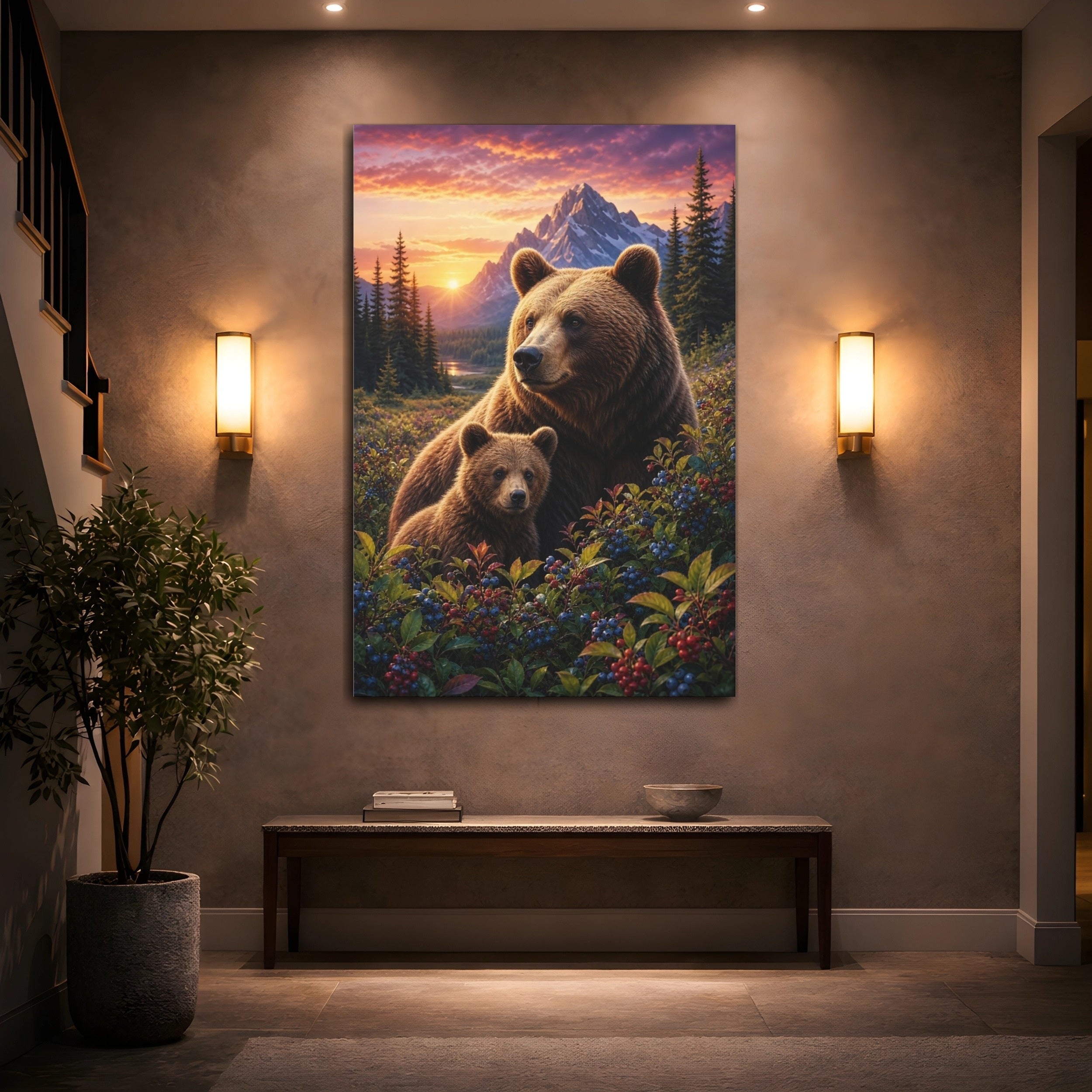 Mockup 2. Nature Bear Family Brown Bears Sunset shown as stretched canvas wall art