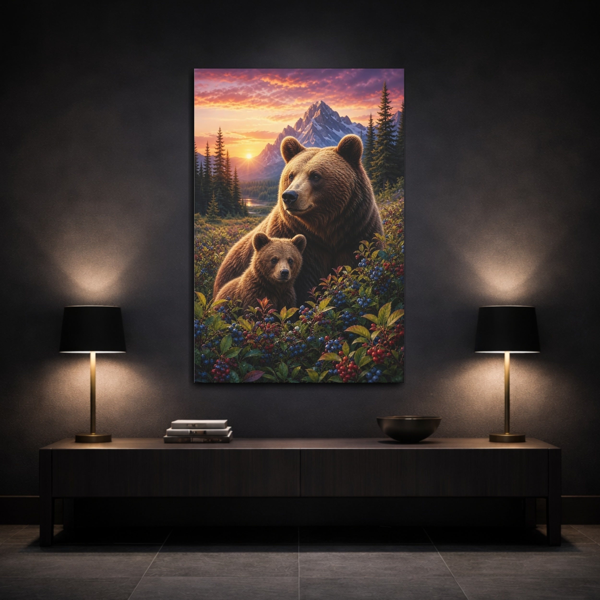 Mockup 3. Nature Bear Family Brown Bears Sunset shown as stretched canvas wall art