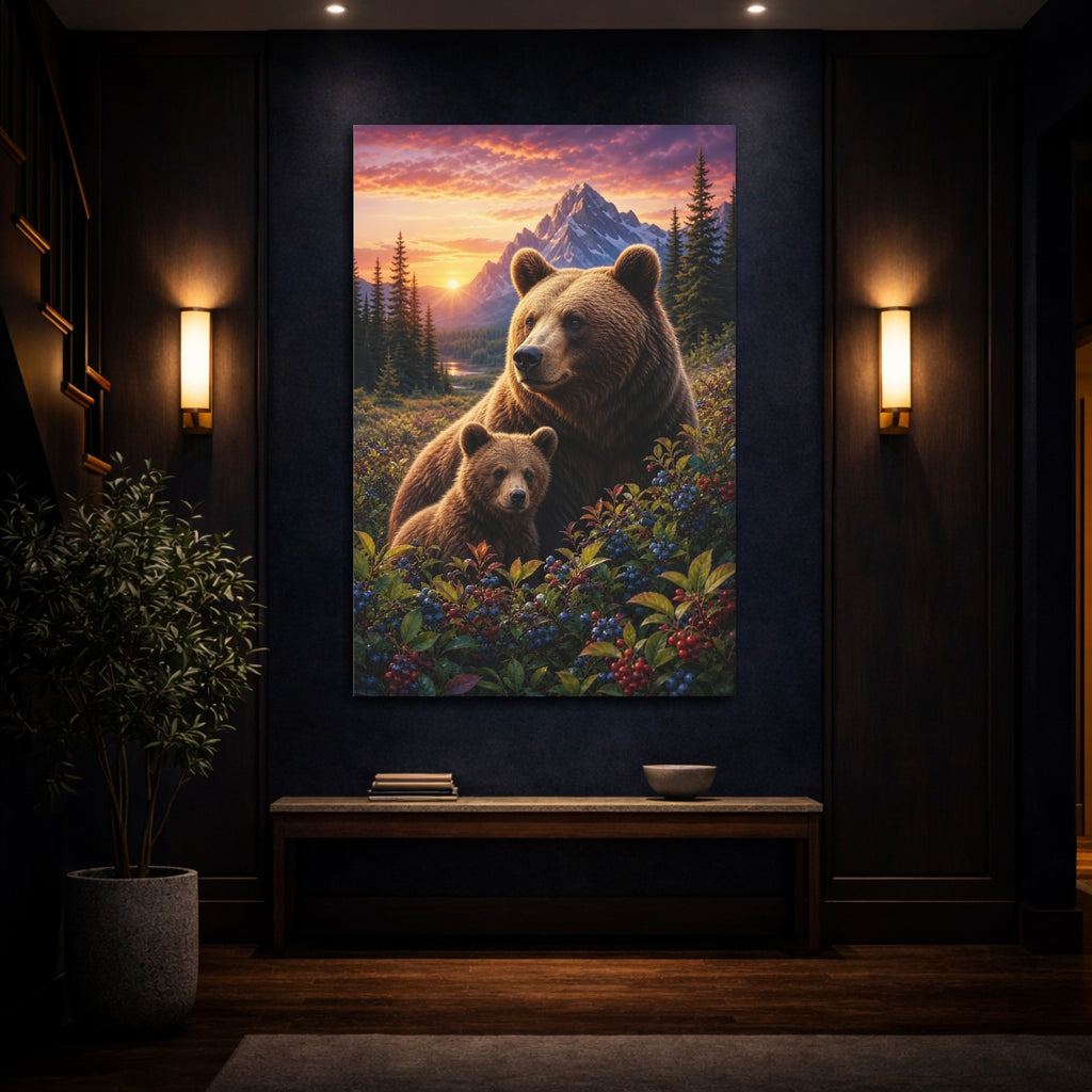 Mockup 4. Nature Bear Family Brown Bears Sunset shown as stretched canvas wall art