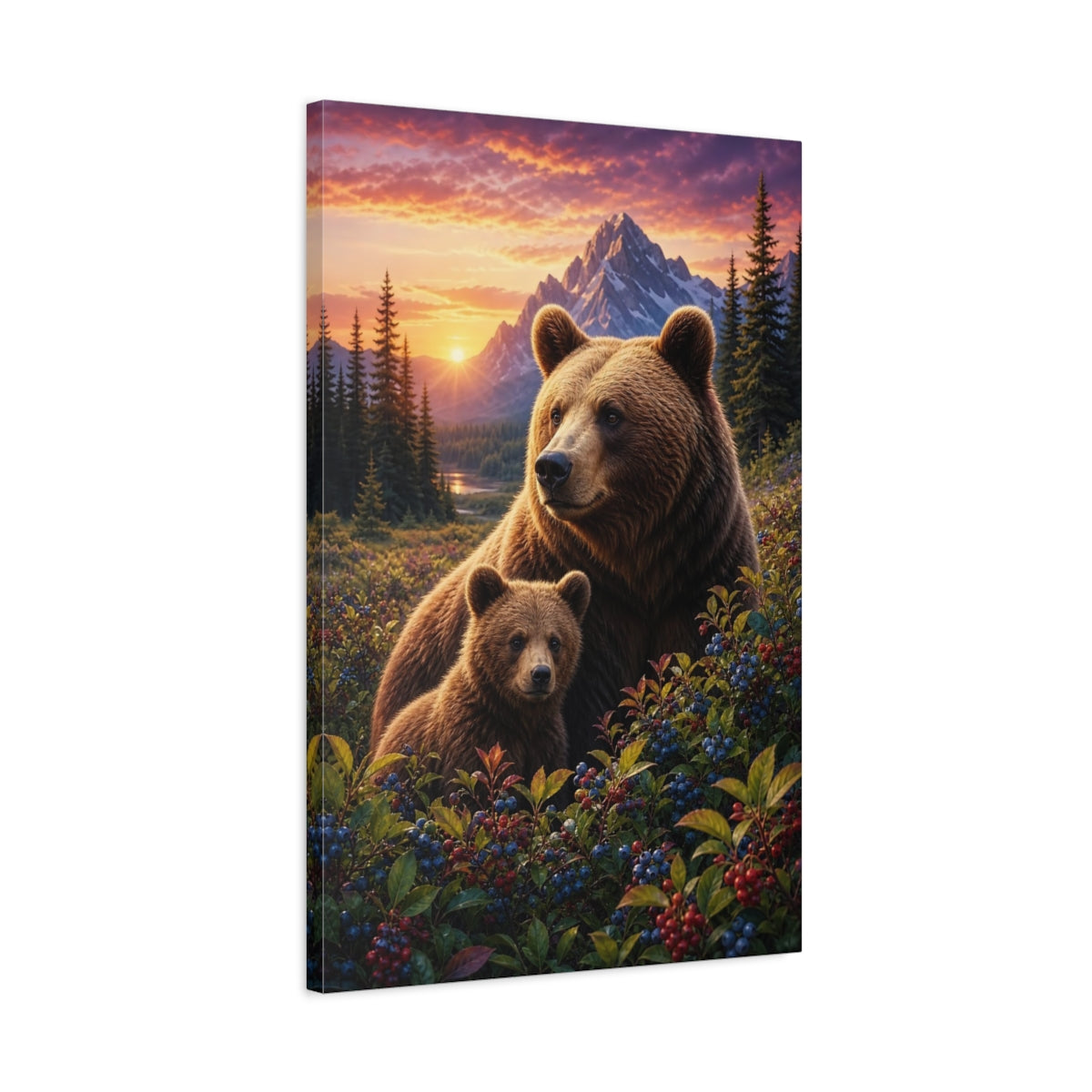 Side Mockup 2. Nature Bear Family Brown Bears Sunset shown as stretched canvas wall art