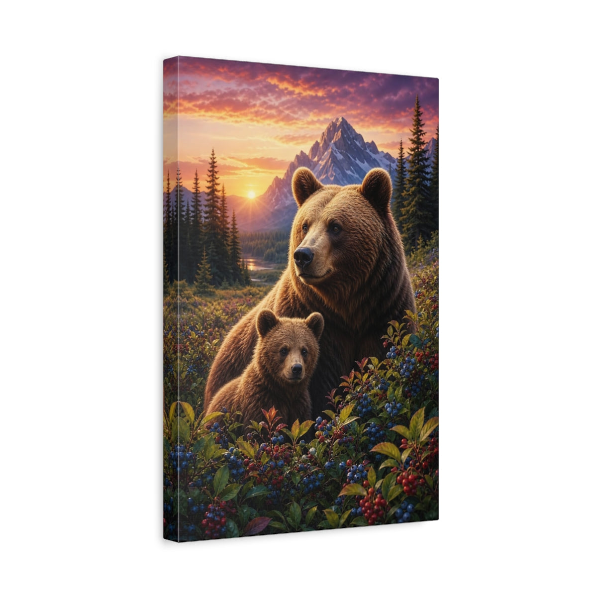 Side Mockup 4. Nature Bear Family Brown Bears Sunset shown as stretched canvas wall art