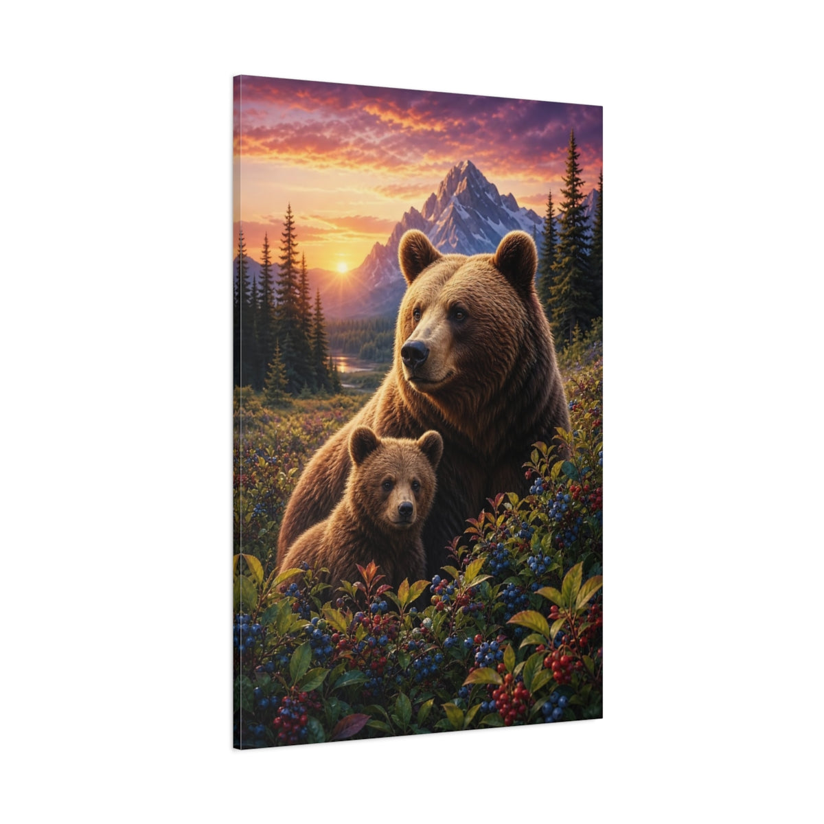 Side Mockup 1. Nature Bear Family Brown Bears Sunset shown as stretched canvas wall art