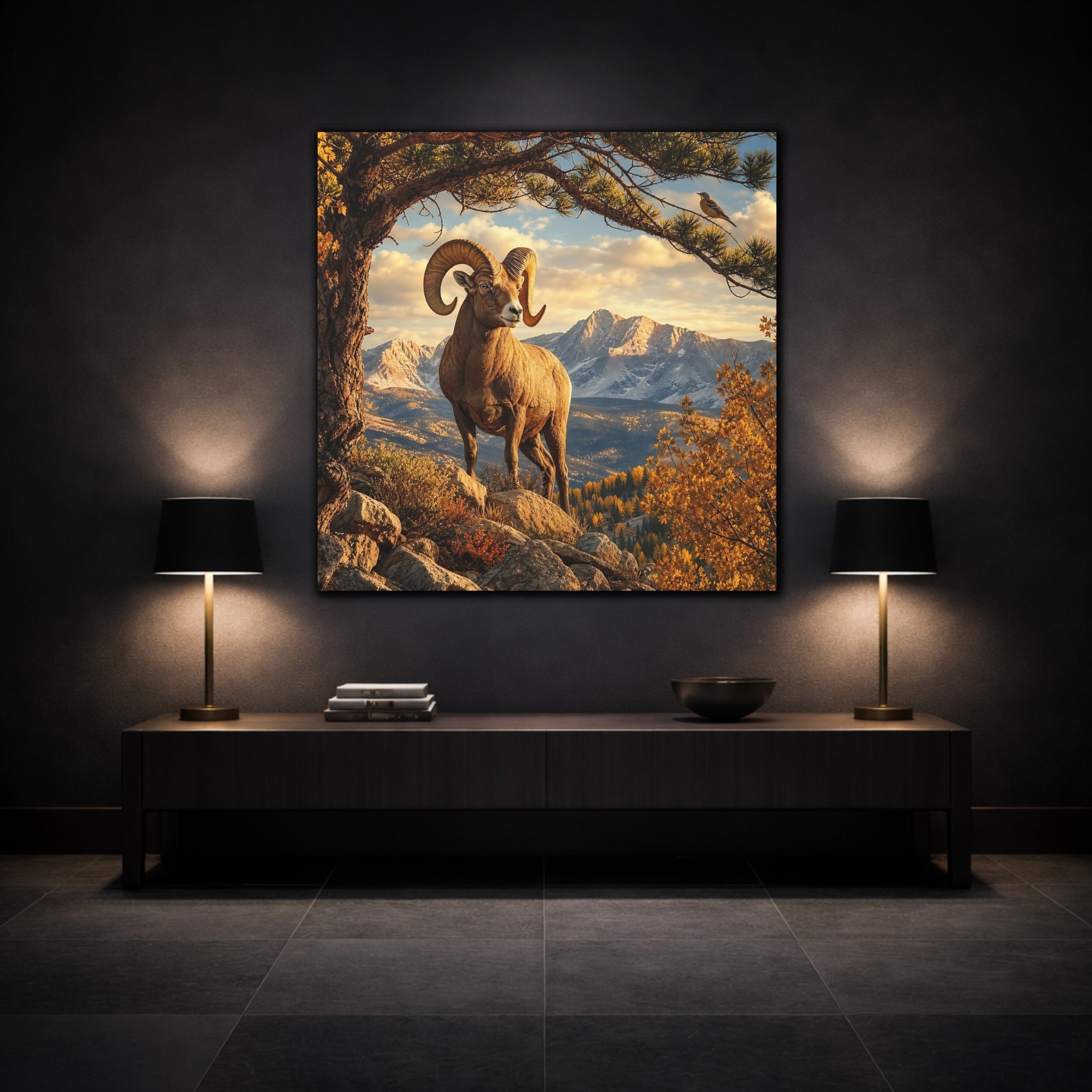 Mockup 3. Nature Bighorn Sheep Bighorn Sheep Mountains shown as stretched canvas wall art