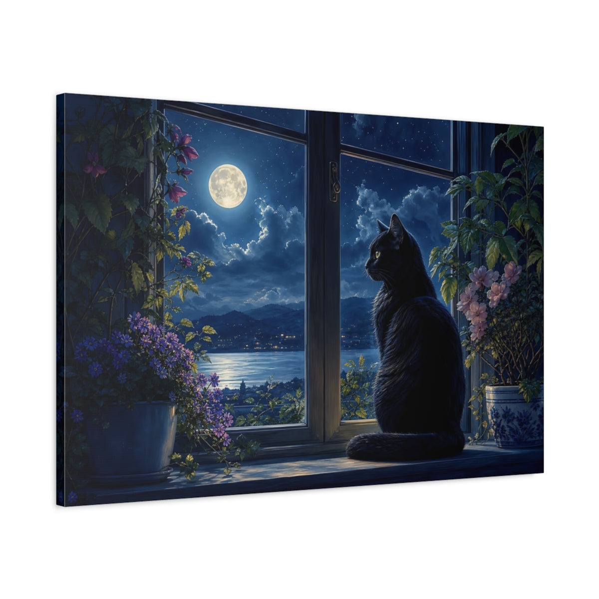 Main Mockup. Nature Black Cat Moonlit Night Scene shown as stretched canvas wall art