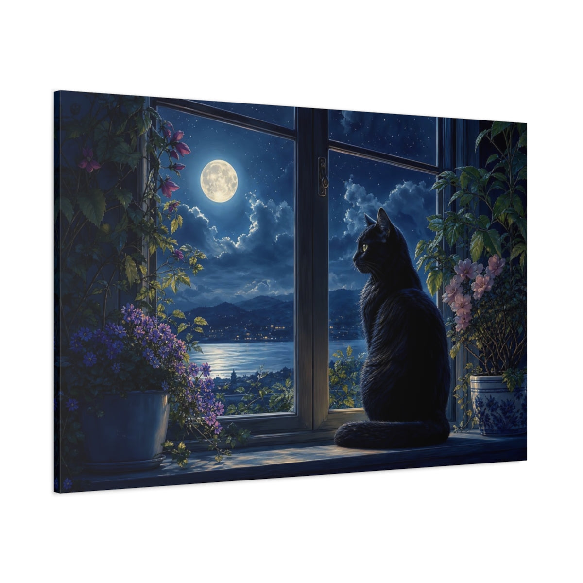 Side Mockup 1. Nature Black Cat Moonlit Night Scene shown as stretched canvas wall art