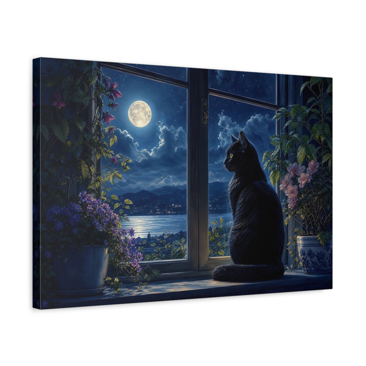 Side Mockup 3. Nature Black Cat Moonlit Night Scene shown as stretched canvas wall art