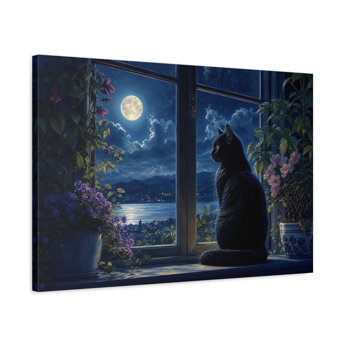 Side Mockup 2. Nature Black Cat Moonlit Night Scene shown as stretched canvas wall art