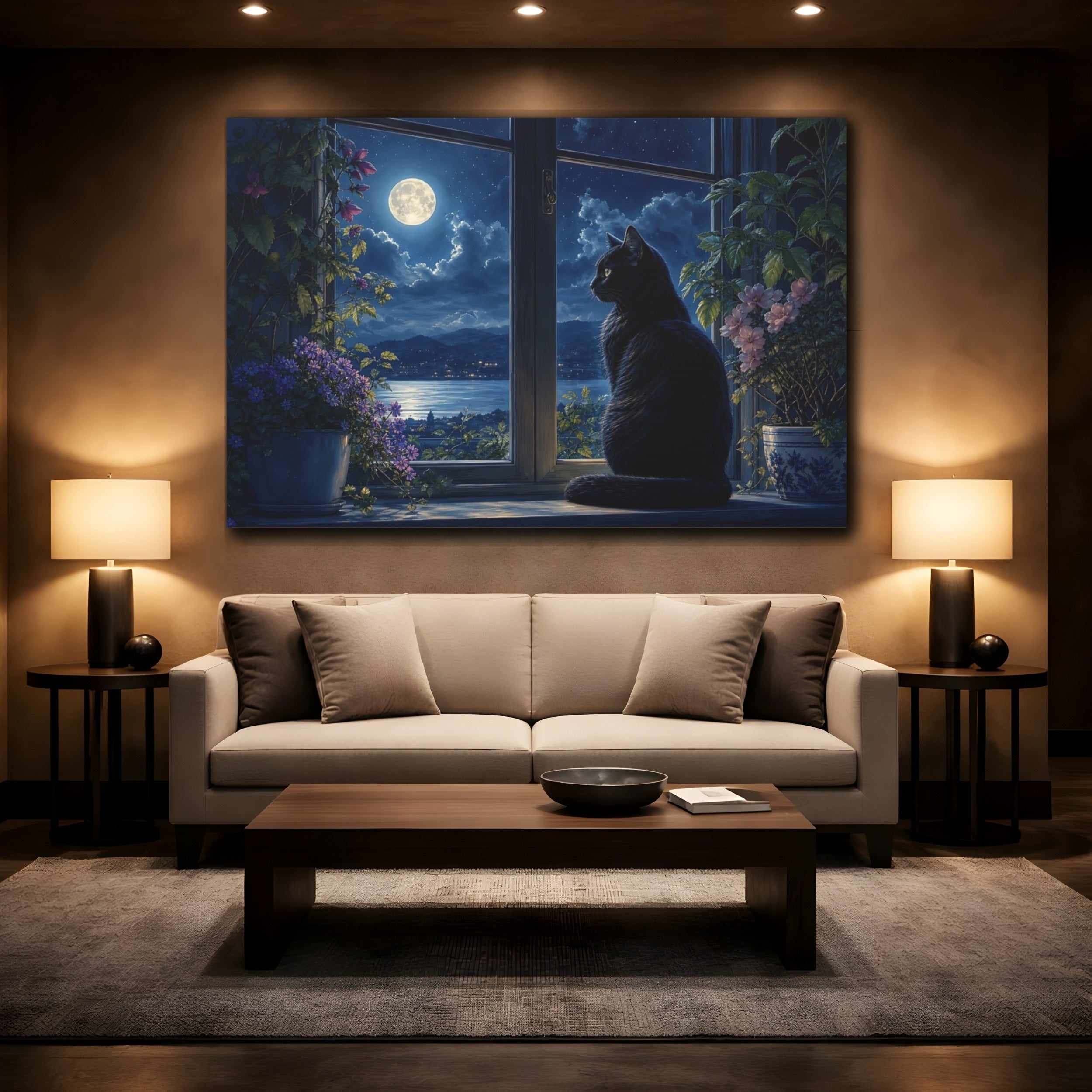 Mockup 2. Nature Black Cat Moonlit Night Scene shown as stretched canvas wall art