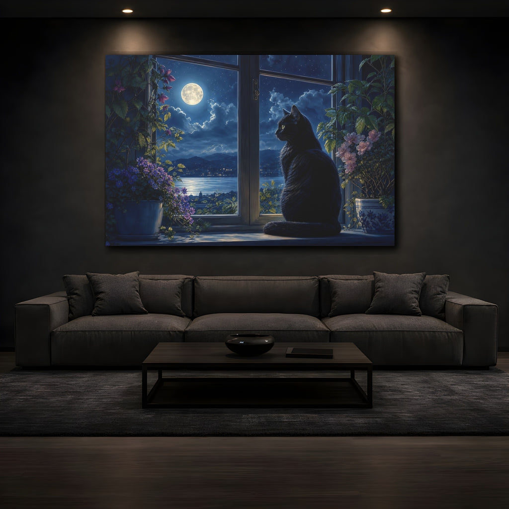 Mockup 3. Nature Black Cat Moonlit Night Scene shown as stretched canvas wall art