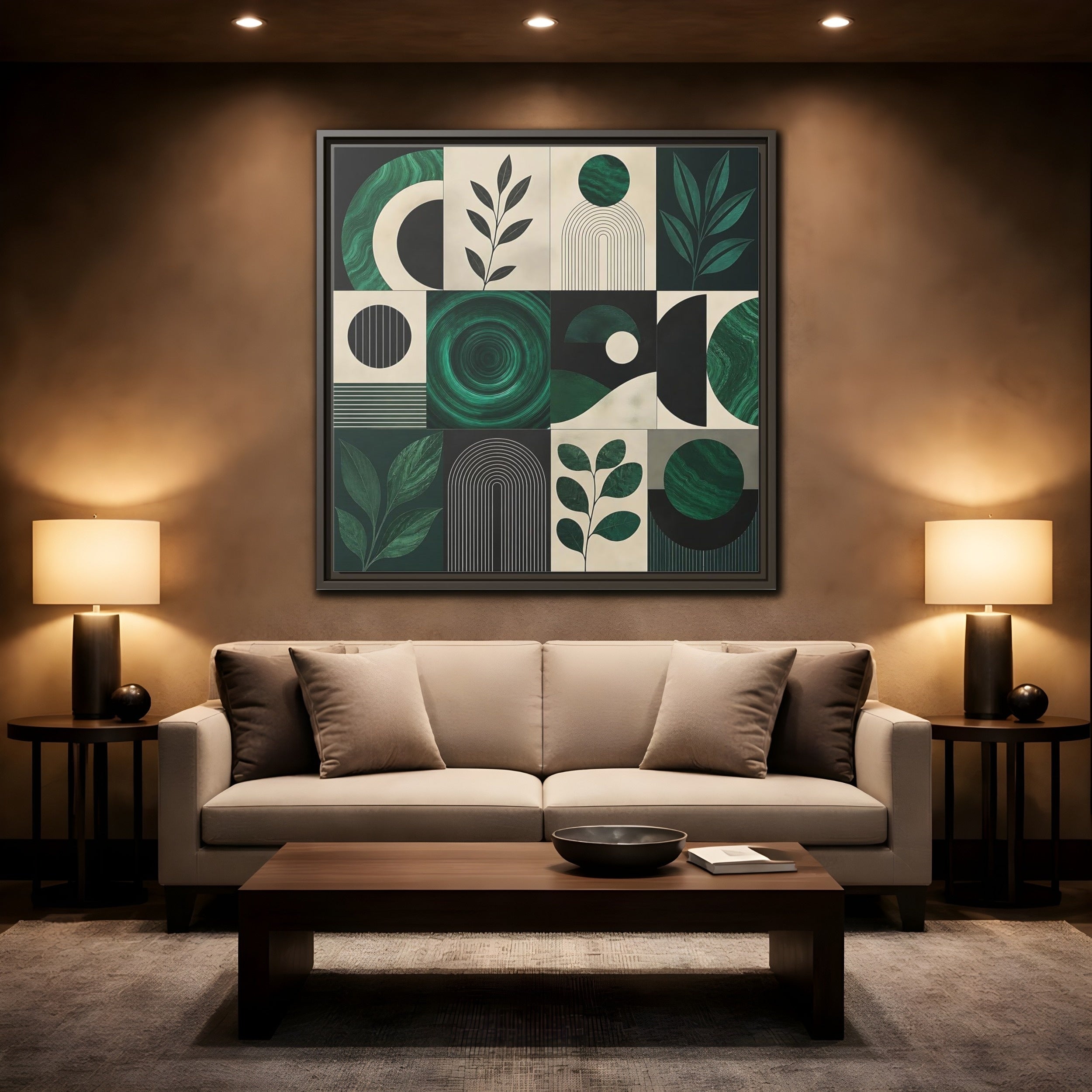 Mockup 2. Nature Botanical Forms Green Abstract Botanicals shown as stretched canvas wall art