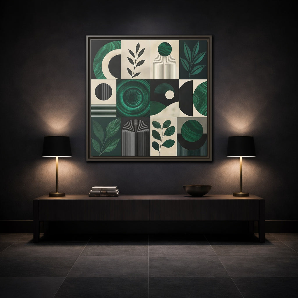 Mockup 3. Nature Botanical Forms Green Abstract Botanicals shown as stretched canvas wall art
