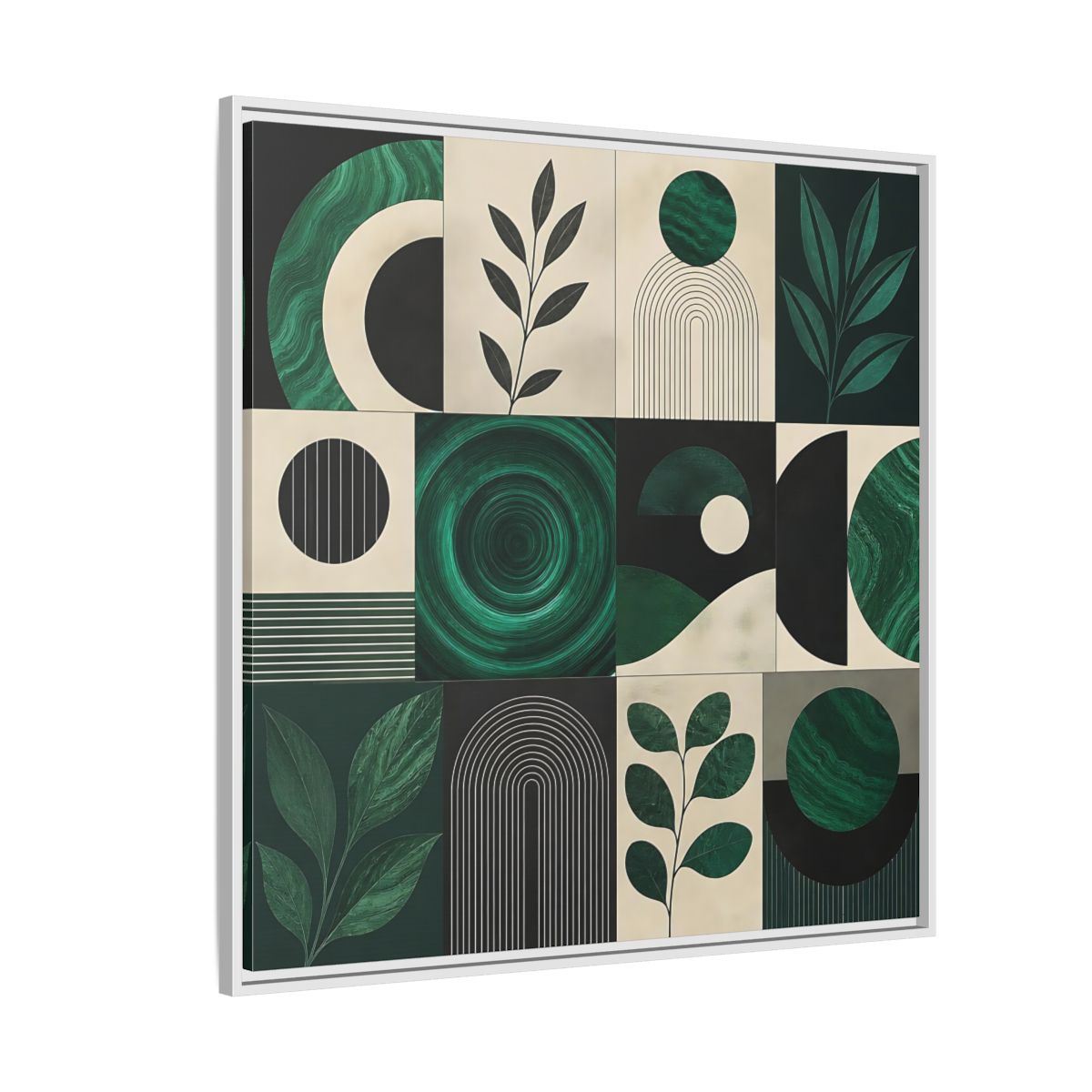 Side Mockup 4. Nature Botanical Forms Green Abstract Botanicals shown as stretched canvas wall art