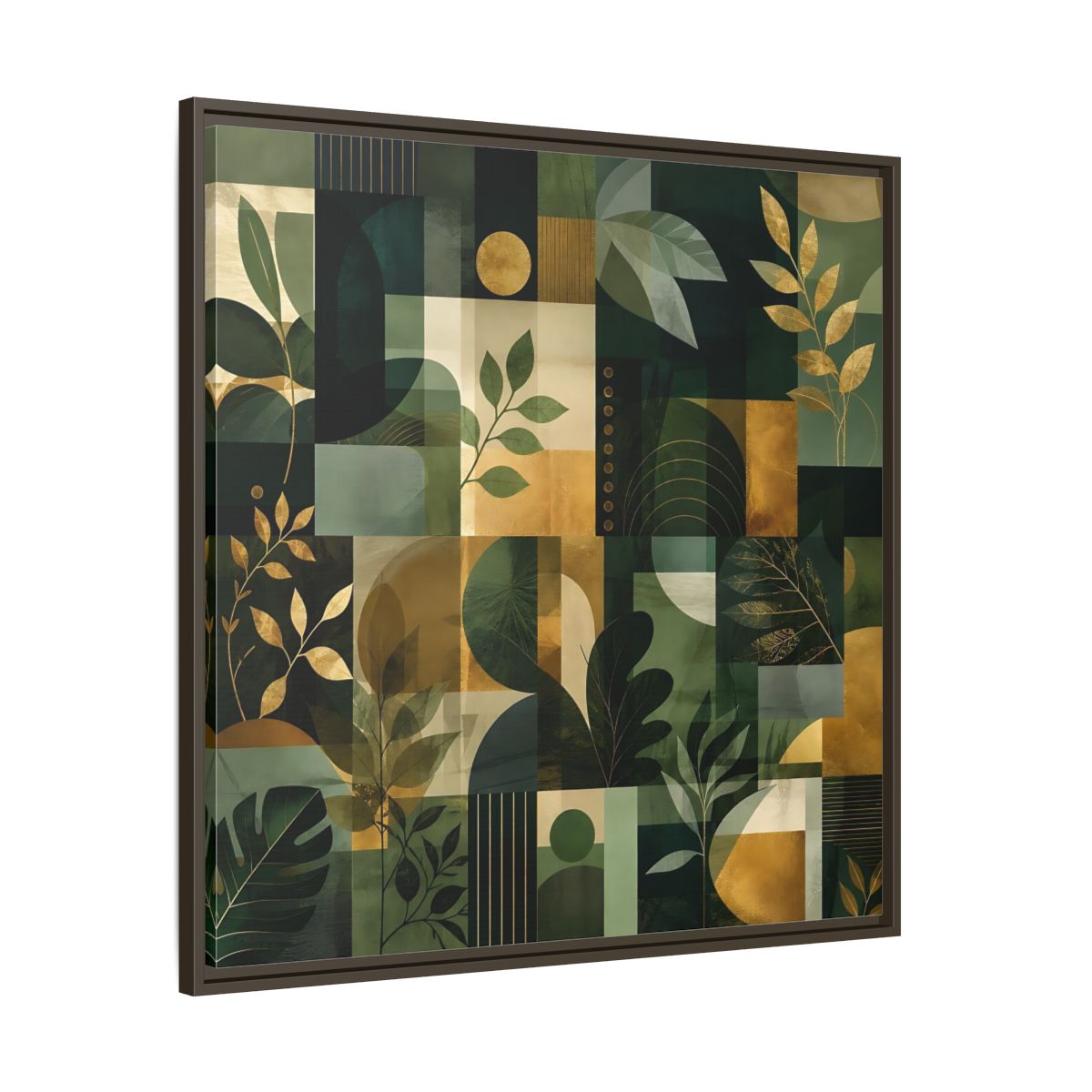 Main Mockup. Nature Botanical Leaves Green Gold Abstract shown as stretched canvas wall art