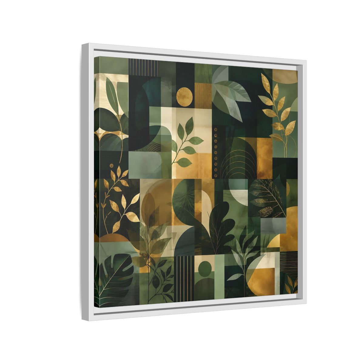 Side Mockup 10. Nature Botanical Leaves Green Gold Abstract shown as stretched canvas wall art