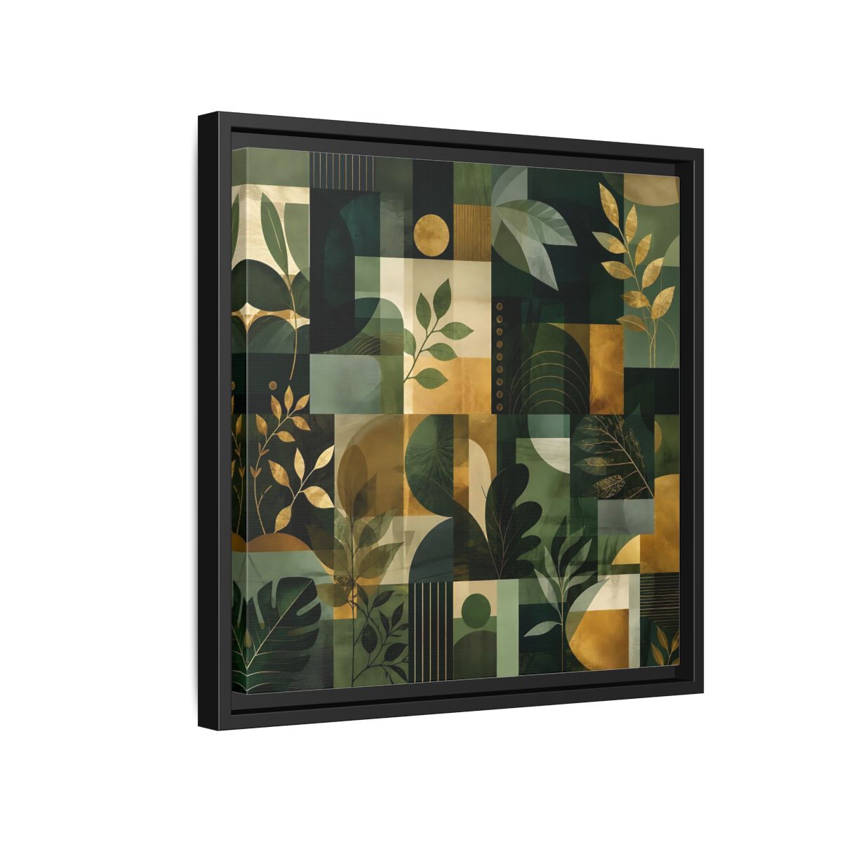 Side Mockup 15. Nature Botanical Leaves Green Gold Abstract shown as stretched canvas wall art