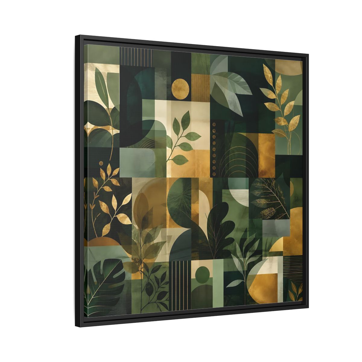 Side Mockup 9. Nature Botanical Leaves Green Gold Abstract shown as stretched canvas wall art