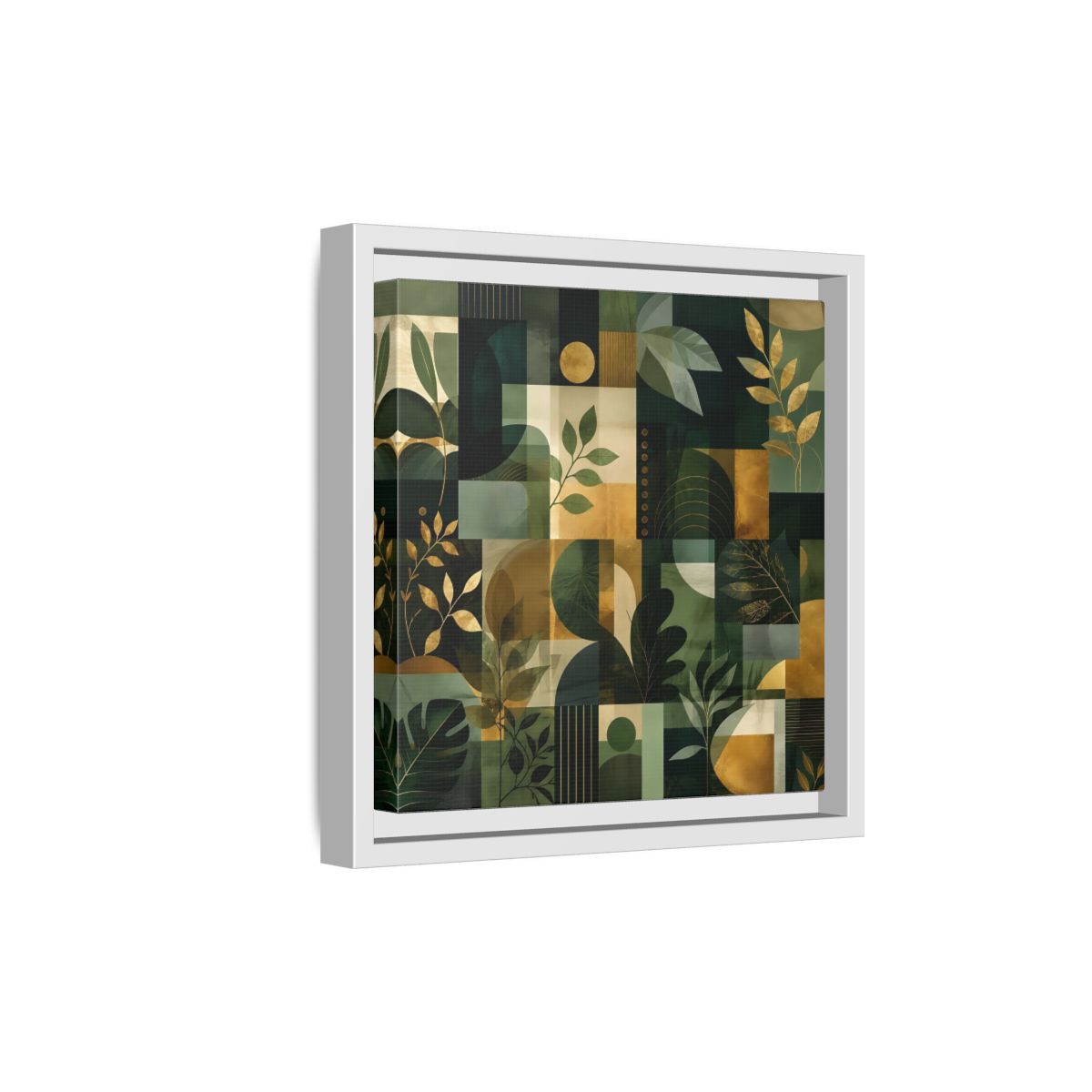 Side Mockup 19. Nature Botanical Leaves Green Gold Abstract shown as stretched canvas wall art