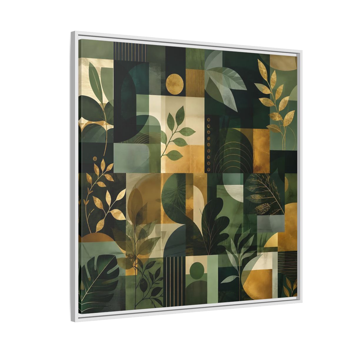 Side Mockup 4. Nature Botanical Leaves Green Gold Abstract shown as stretched canvas wall art