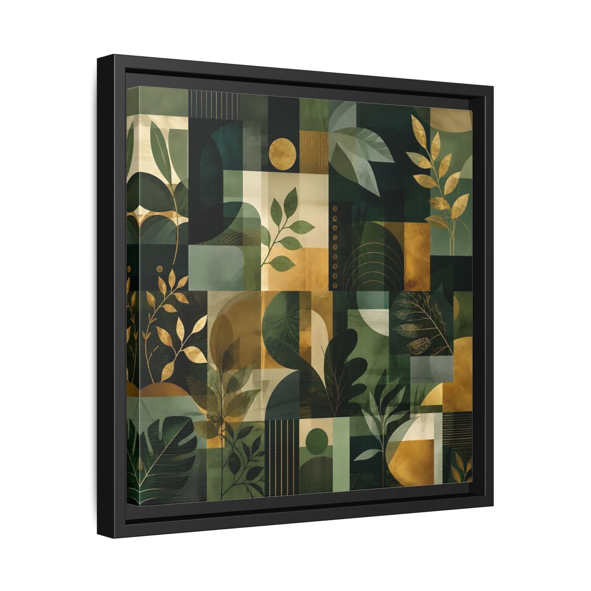 Side Mockup 32. Nature Botanical Leaves Green Gold Abstract shown as stretched canvas wall art