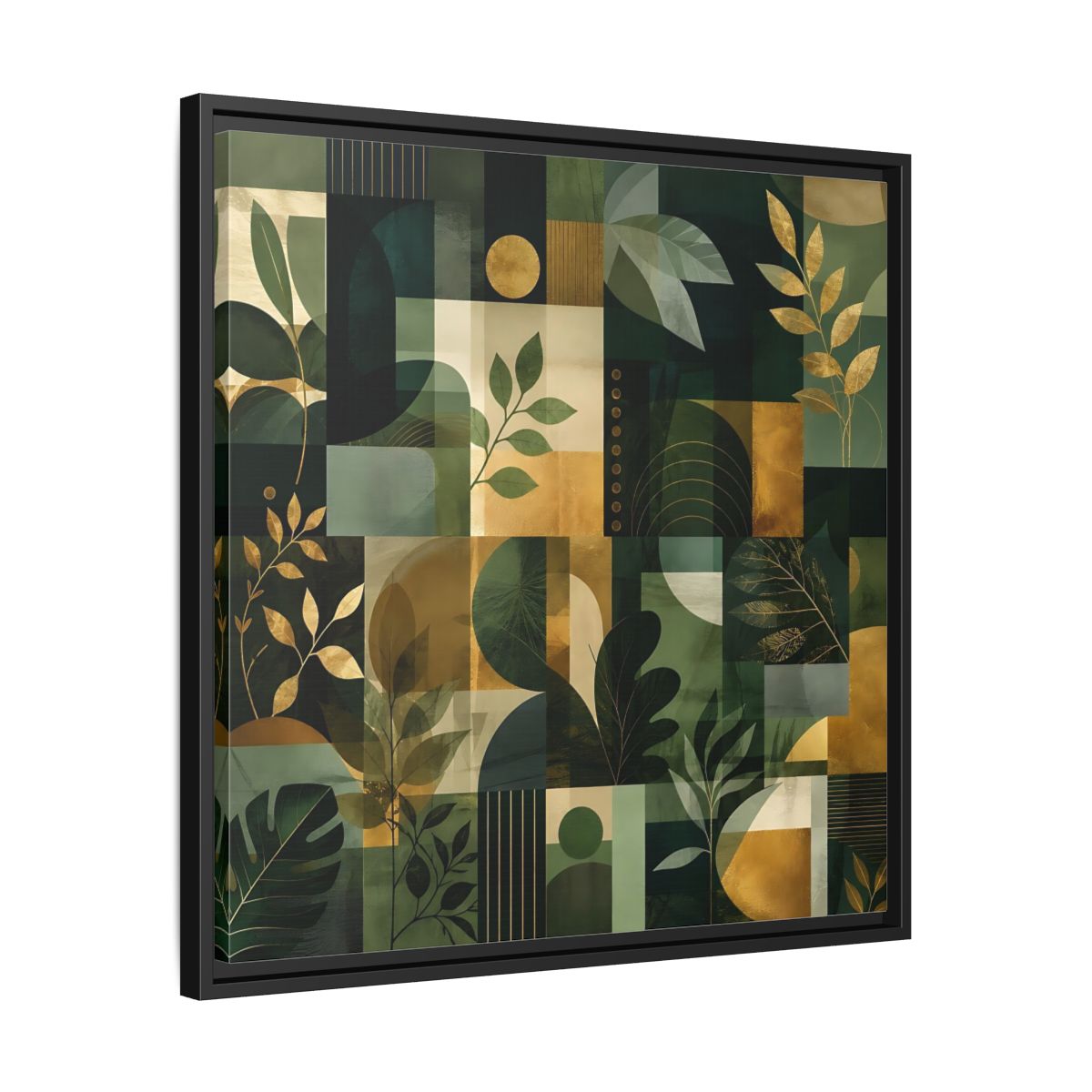 Side Mockup 31. Nature Botanical Leaves Green Gold Abstract shown as stretched canvas wall art